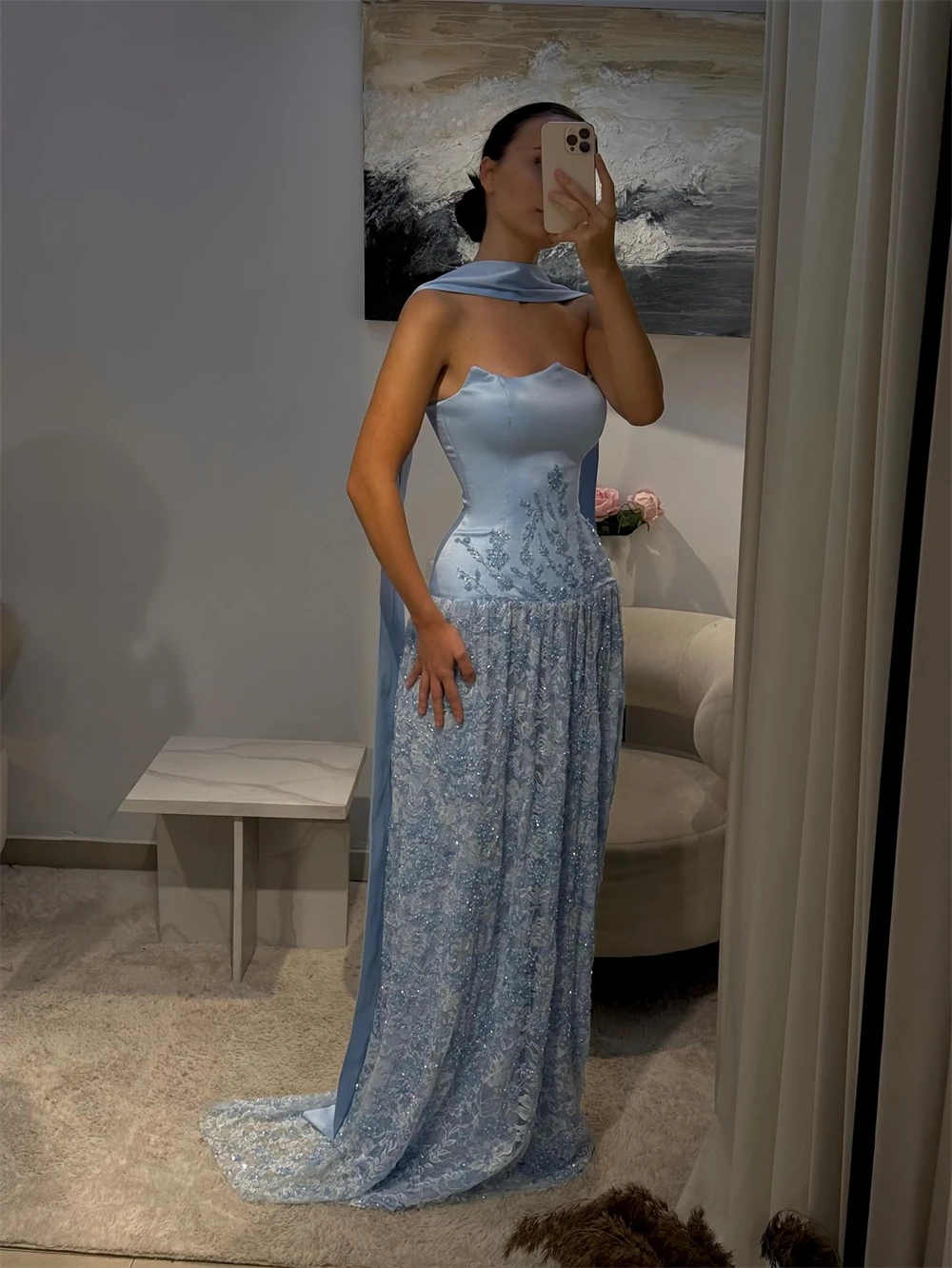 

Customized Elegant Blue Organza Evening Dress Formal Strapless Sleeveless Celebrity Gowns Classic Straight Beading Party Dress