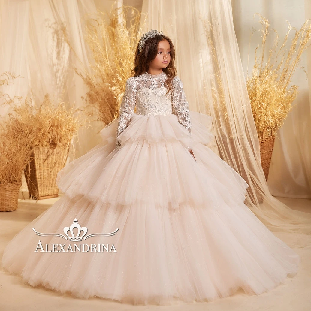 Ivory Flower Girl Dresses for First  Communion Ball Gown Long Sleeves Children Birthday Gowns Ruffles Lace Kids Pageant Dresses