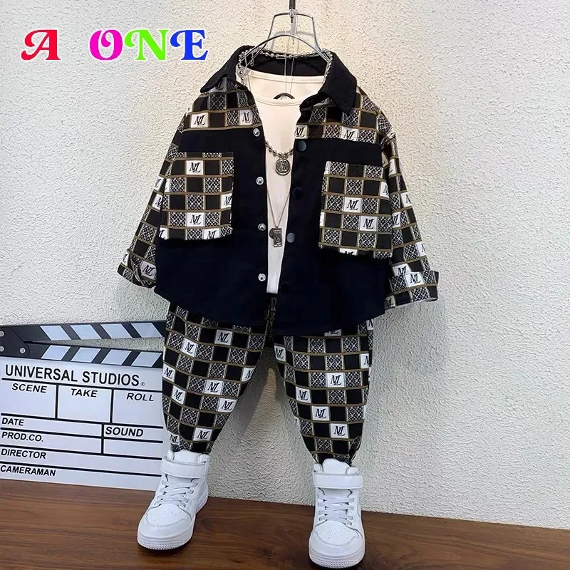 

Autumn Spring boys clothes kids clothing baby outfits jackets + pants 2 pcs set fashion plaid noctilucous letter 2T to 12 Yrs