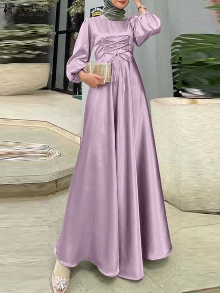 ZANZEA-vestido de seda cetim para mulheres, manga folhada longa, vestes Abaya com renda, vestidos de festa islâmicos elegantes, moda muçulmana