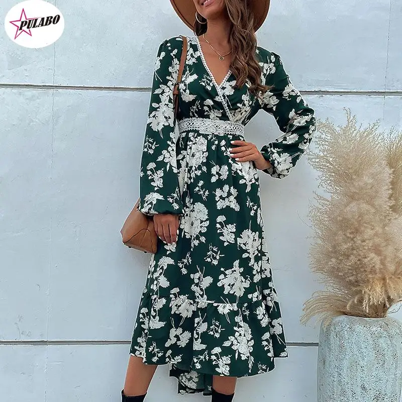 

PULABO Ruffle Hem Long Sleeve Printed Asymmetrical Dress Vestido Feminino Dresses For Women 2024 Autumn Winter