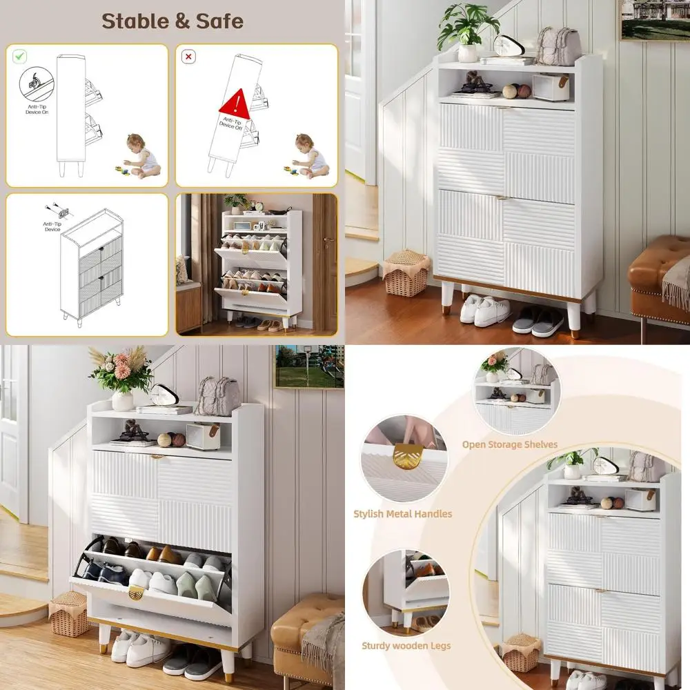 Narrow White Shoe Storage Cabinet with Gold Handles and Open Shelves for Entryway or Hallway