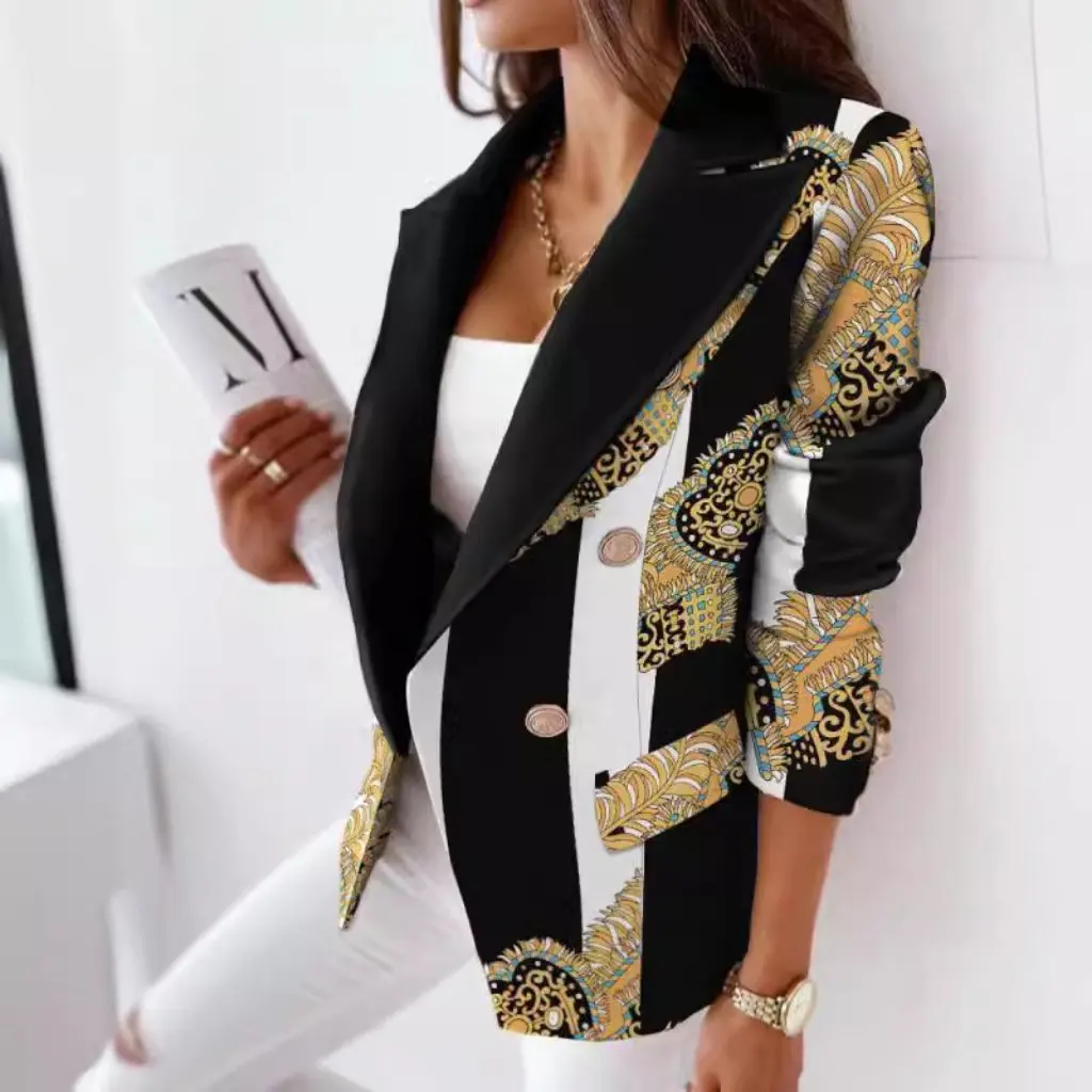 

Women's Double Breasted Printed Suit Coat Long Sleeve Fashion Small Outerwear Independent Station Autumn Winter New Arrival