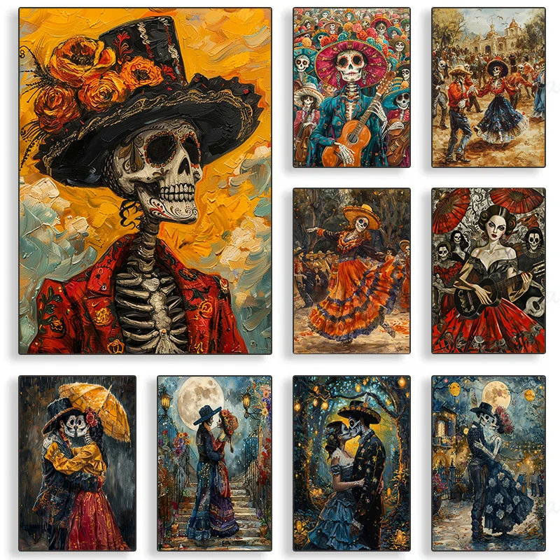 Affiches et imprimés de Couple de femmes de danse de bande mexicaine colorée, toile imprimée, tableau d'art mural pour salon, décoration de maison, cadeaux