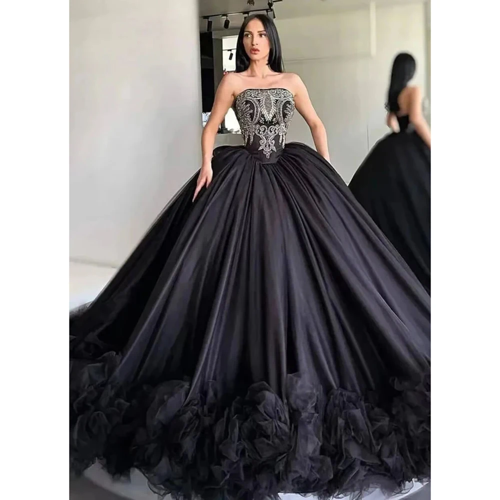 Vestido de noche negro con volantes, traje plisado sin tirantes, largo hasta el suelo, para ocasiones formales, bonito y exquisito