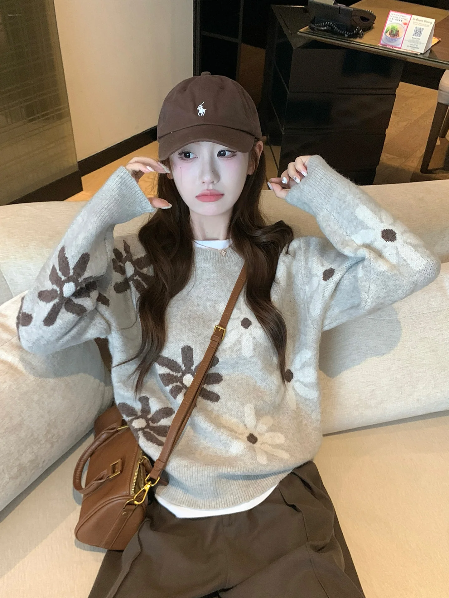 

Ретро-японский вязаный свитер с круглым вырезом для женщин, осенне-зимний, мягкий, свободный, уютный, вязаный топ в стиле оверсайз