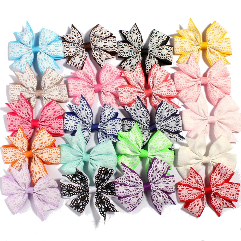 10PCS 8cm 20colors Lace Pattern Grosgrain Ribbon Flower Hair Bows with Clips Boutique Threaded Ribbon Bows for Hair Accessories