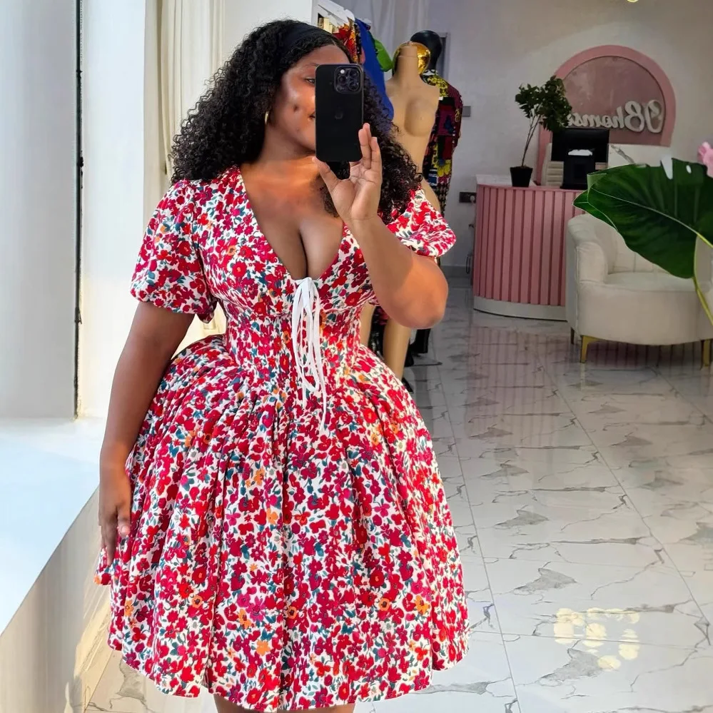 

2025 New Women Floral Print Ruched V-neck Big Swing Mini Midi Dress 2025 Short Sleeve Birthday Sexy Club Party Evening Dresses
