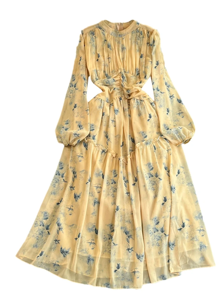 エレガントな長袖ランタンプリントAラインシフォンドレス、スリムなハイウエストガウン、若い女性のための夏のエレガントなロングドレス