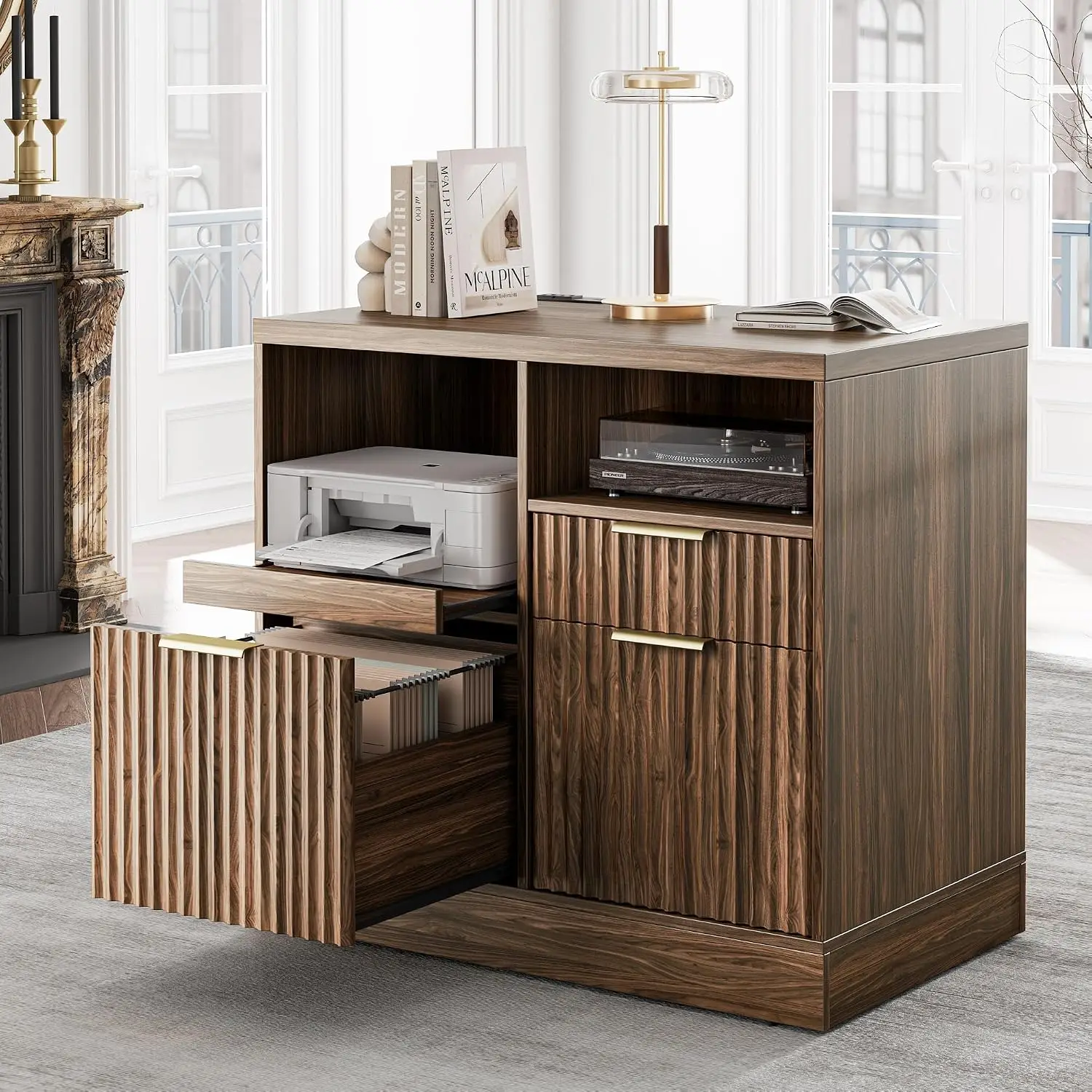 Wood 3 Drawer Lateral File Cabinet With Charging Station & Open , Home Office Printer Stand, Fits A4/Letter Files, Customized