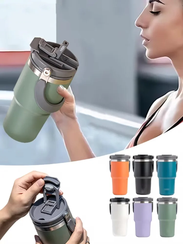 900ml Stainless Steel Thermos Coffee Mug Isolated Car Handle Mug Portable Insulated Cold Hot Travel Fitness Mug Mug