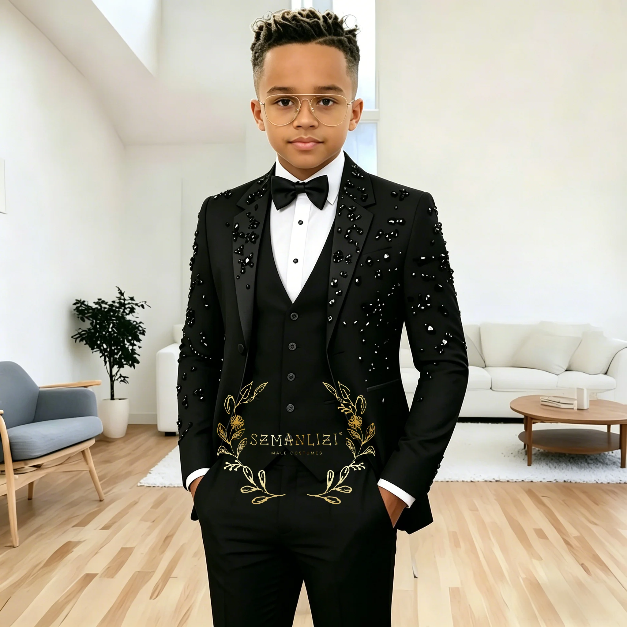 Black Gold Crystals Boy's Suit Formal Set 3-Pieces Jacket+vest+pants Notched Lapel Kids Tuxedos 2-16 Year Old Wedding Prom Party