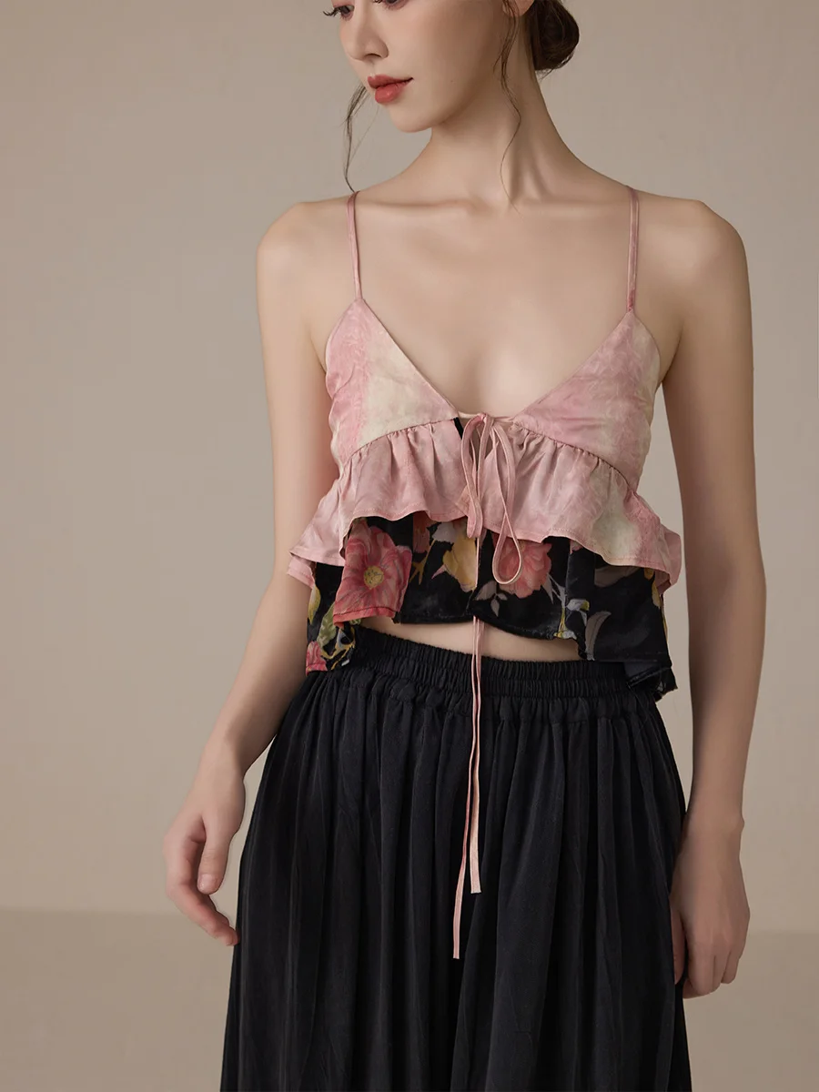 

ONMOON Spring Summer Pink V-ne Strapl Vest Romantic Temperament Svel Top Women's Faion Casual Wear Outdoors