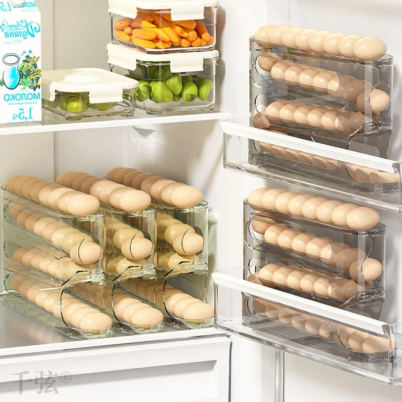 

Transparent Egg Storage Box Slide Rack 4 Layers Stepladder Style Fridge Side Door Large Capacity Automatic Egg Roller