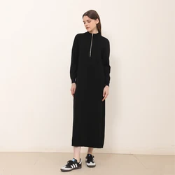 AP 25 AW New Women ZIipper Sweaters Maxi Dress Soft and Comfortable Black Casual Dress Half High Collar Stretch