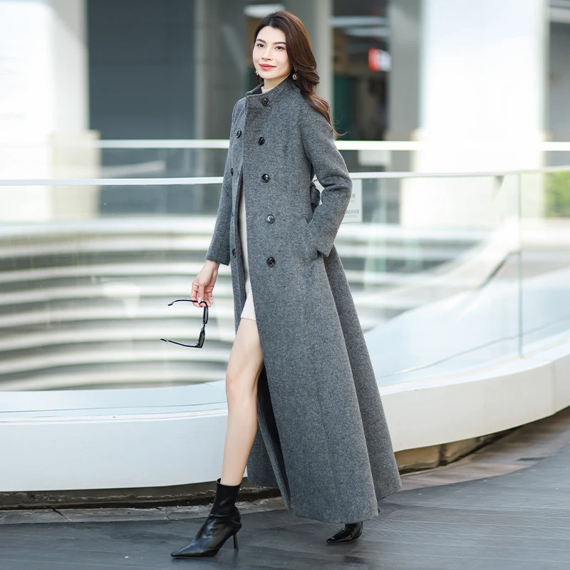 Gray Stand Collar Thickened Woolen Coat Winter Fashion Slimming Long Outerwear for Daily Wear Warm And Stylish New Arrival