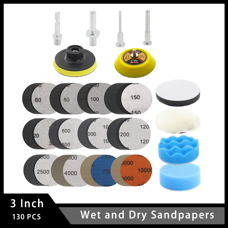 

3 Inch Wet and Dry Sandpapers 130 Pcs with 1/8"&1/4" Shank Backer Plate Sponge Sanding Disc for Automotive Headlight Restoration