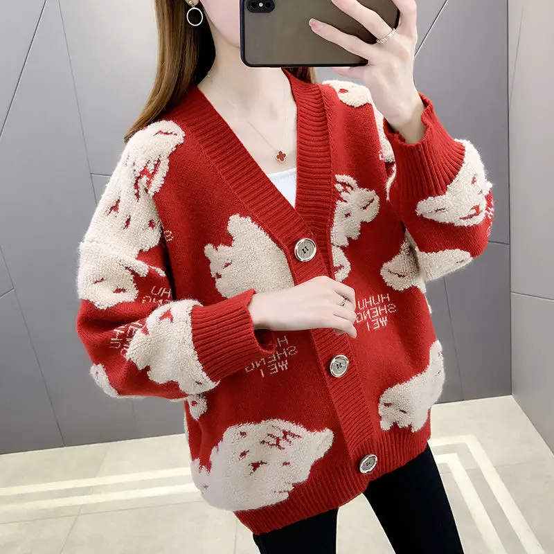 

Sweater Cardigan Coat Female 2022 Early Spring New Red Thickened Top Spring and Autumn Outer Wear Cardigan Sweater Female