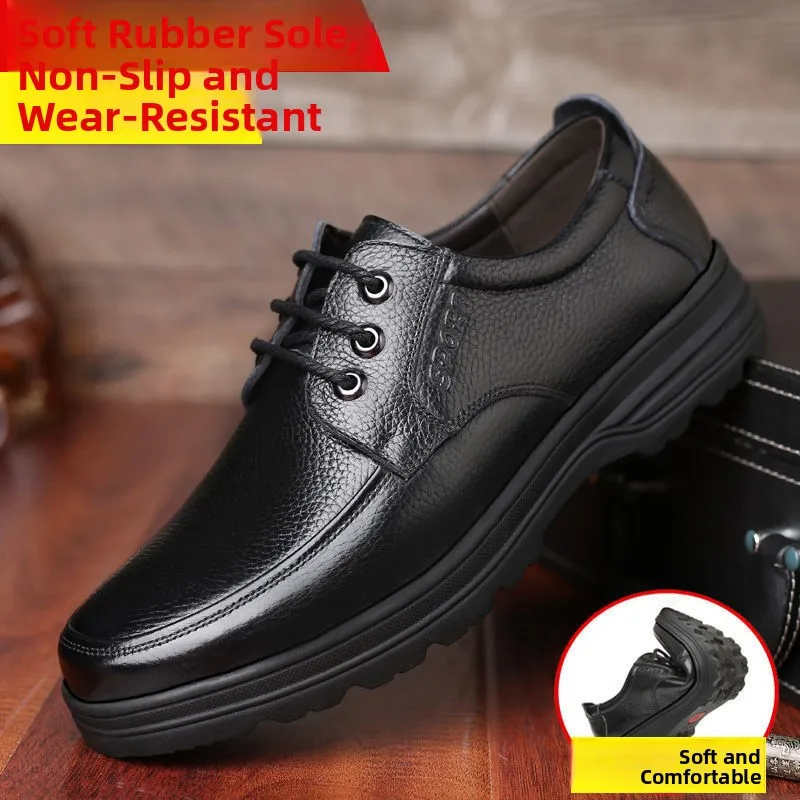 Men's Casual Leather Shoes Spring 2024 British Style Business Formal Black Large Head Trendy Work Shoes Breathable round Toe