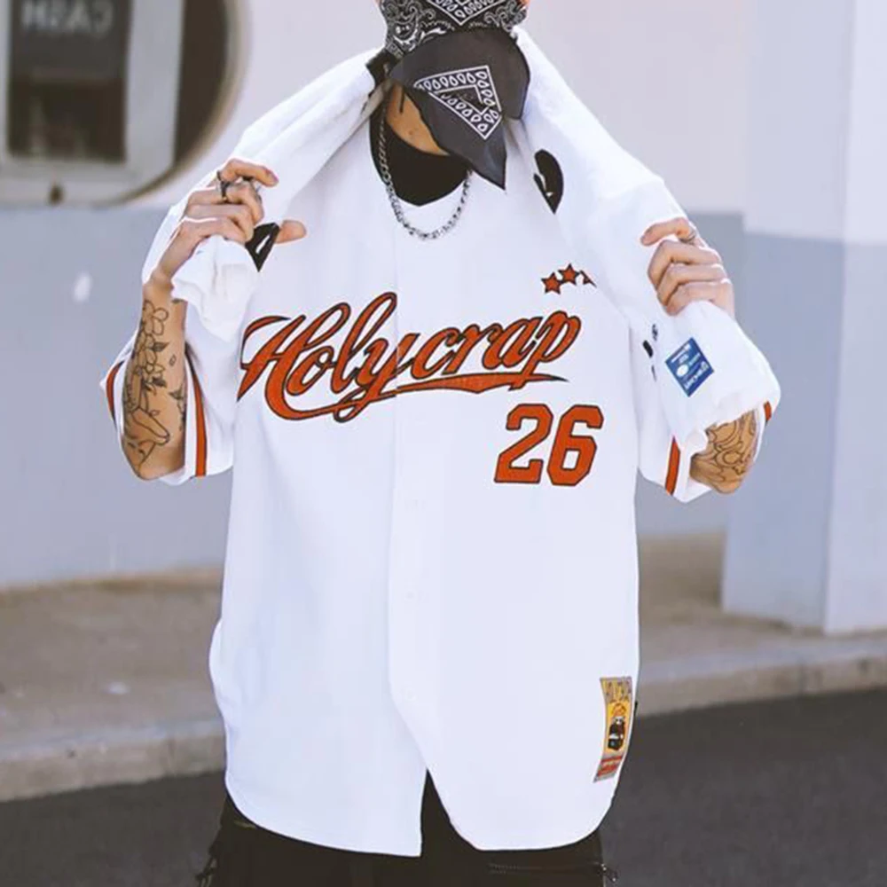 American Hip-hop Baseball Short-sleeved Cardigan Loose T-shirt Hiphop Letters Y2K West Coast Short-sleeved Tops Men's Clothing