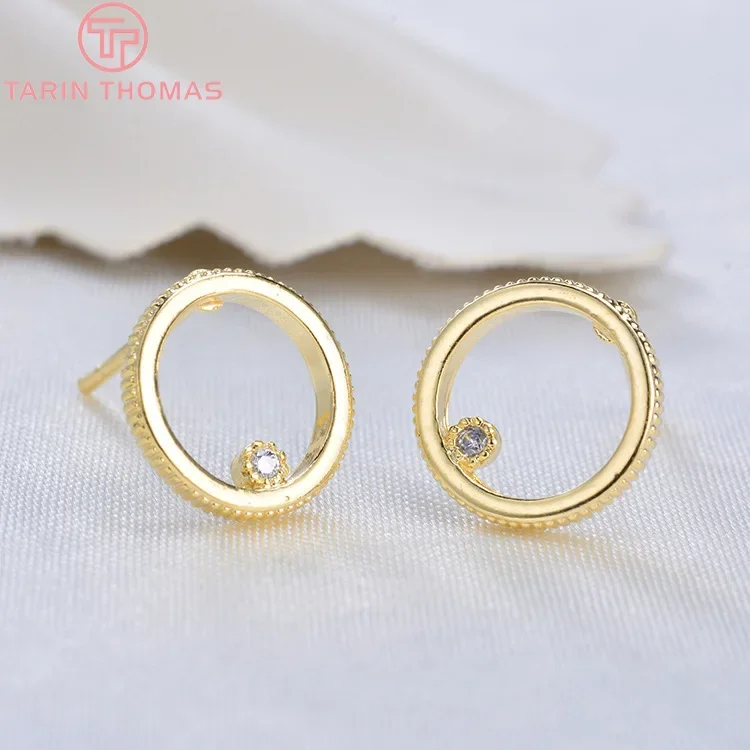 (1956)6PCS 9.5MM 24K Gold Color Brass with Zircon Round Circle Stud Earrings Pins High Quality Diy Jewelry Findings Accessories