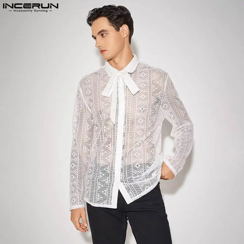 Stylish Casual Style Tops INCERUN 2024 Mens Vertical Strip Hollow Blouse Sexy See-through Lace Striped Long-sleeved Shirts S-5XL