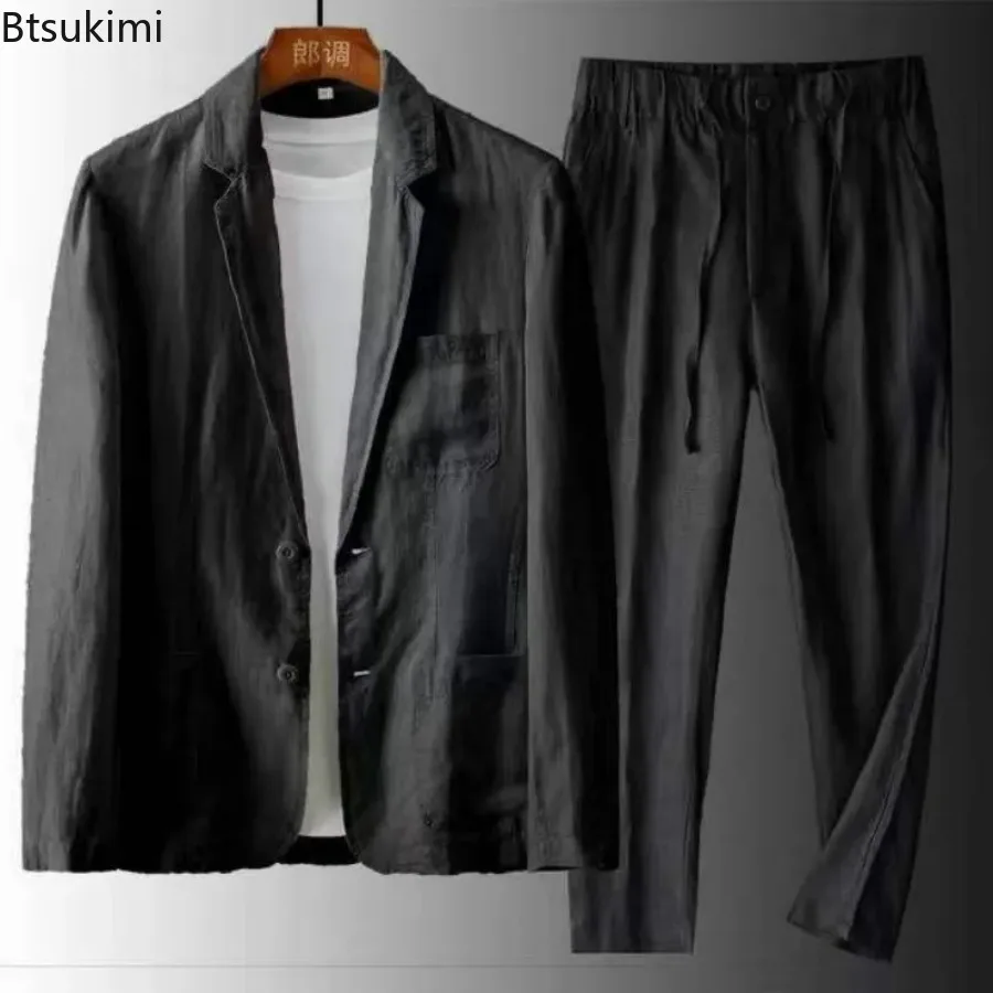 Men's Spring Summer Casual Sets Cotton Linen Two-piece Set Blazer Jacket + Pants Casual Business Thin Clothing Breathable Suit