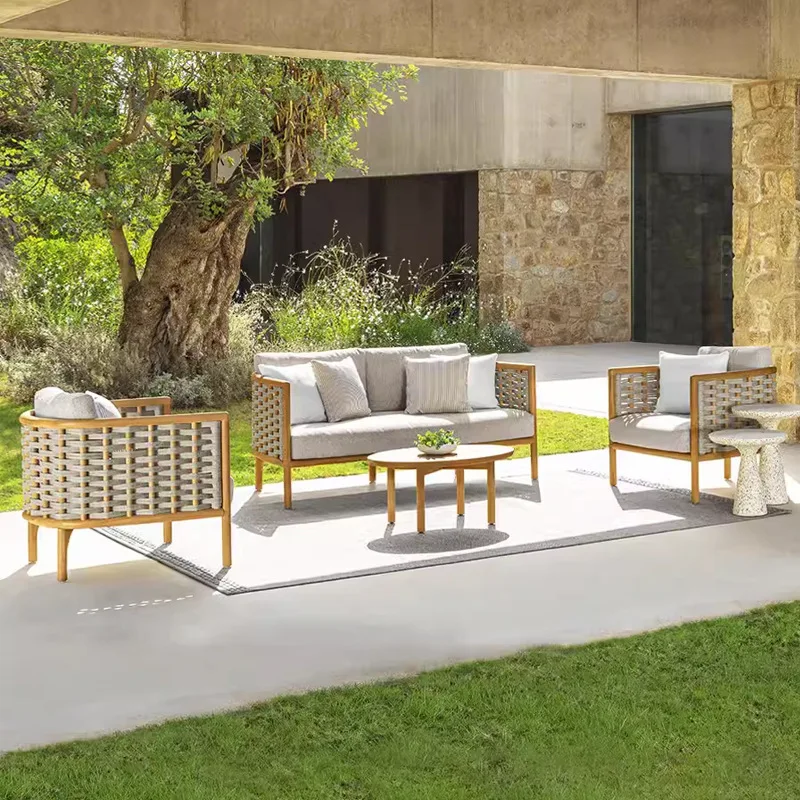 Outdoor sofa courtyard outdoor rattan tables and chairs garden open-air solid wood waterproof sunscreen hotel villa creative fur