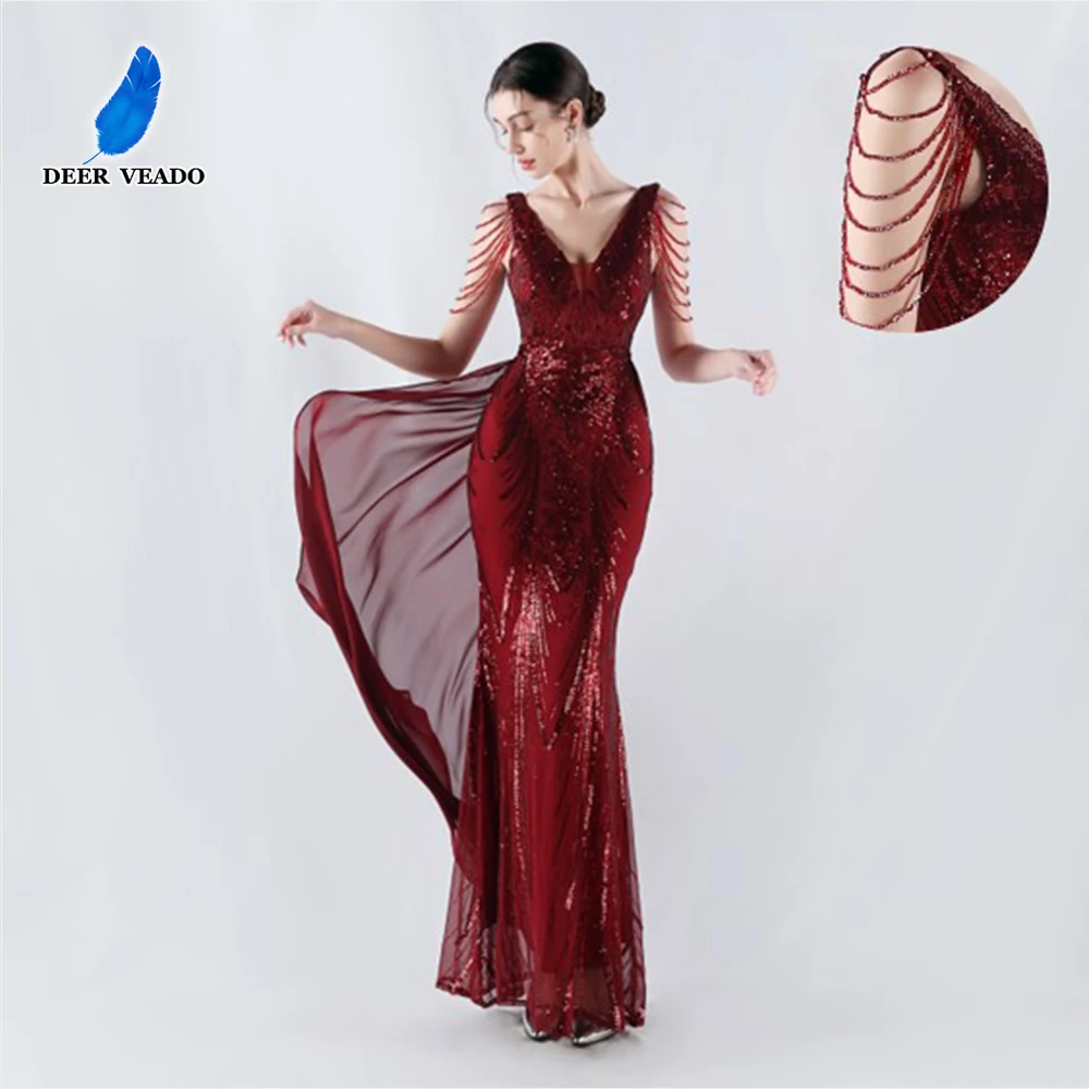 DEERVEADO Luxury Beading Evening Dresses Women\'s Mermaid V Neck Sequined Formal Dress for Special Occasions Party Dress Elegant