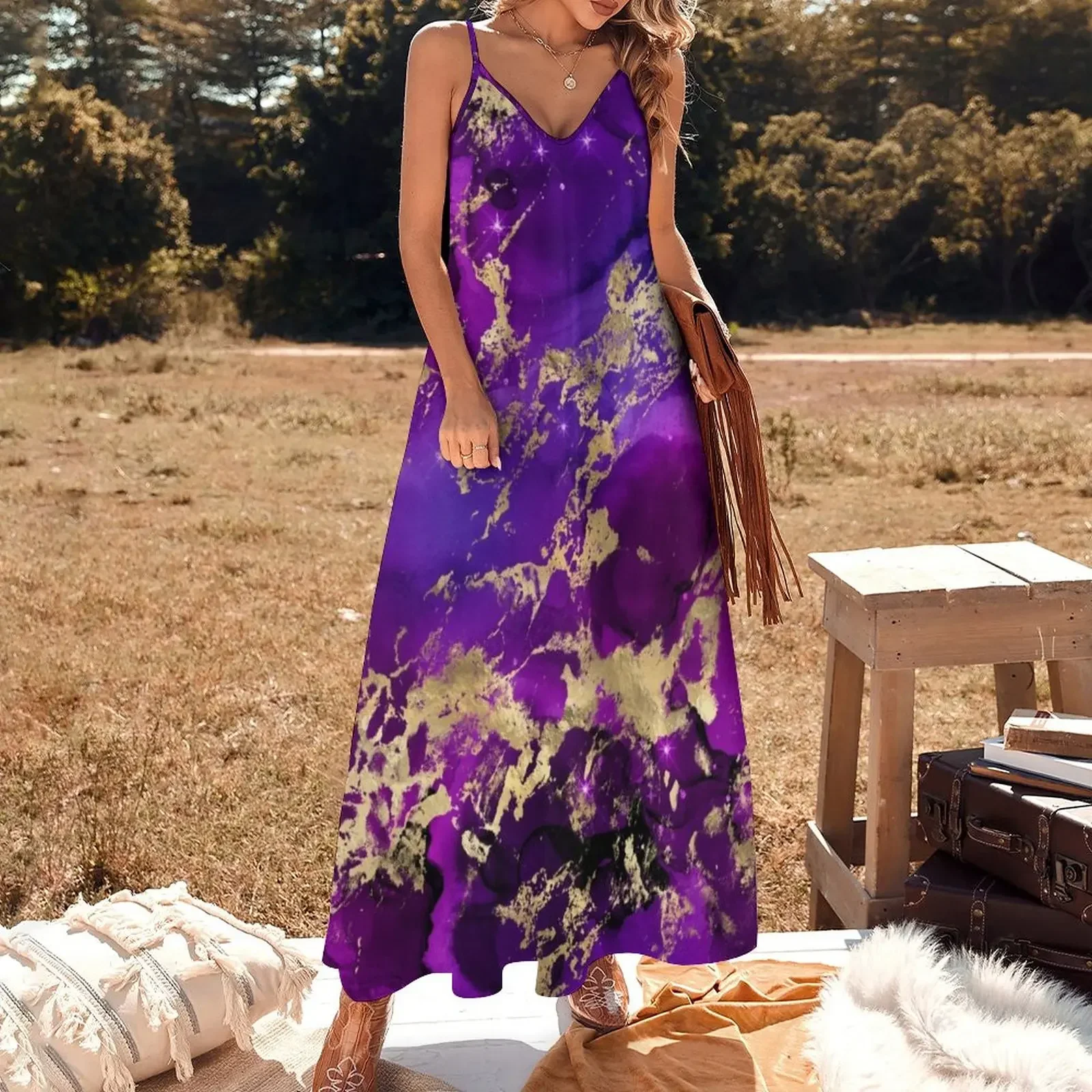 Marble Galaxy in Royal Purple and Gold Splash Sleeveless Dress Elegant gown Women's summer dress Dress