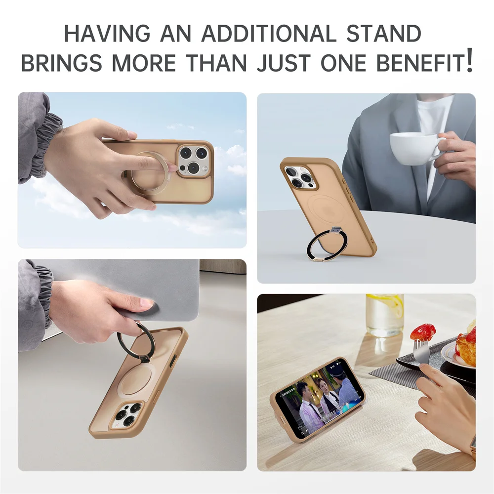 Matte magnetische Hülle mit Metallringständer für Magsafe iPhone 16 Pro Max 15 14 13 12 16 Pro Max Plus 15Pro Wireless Charge Cover – Detail 8