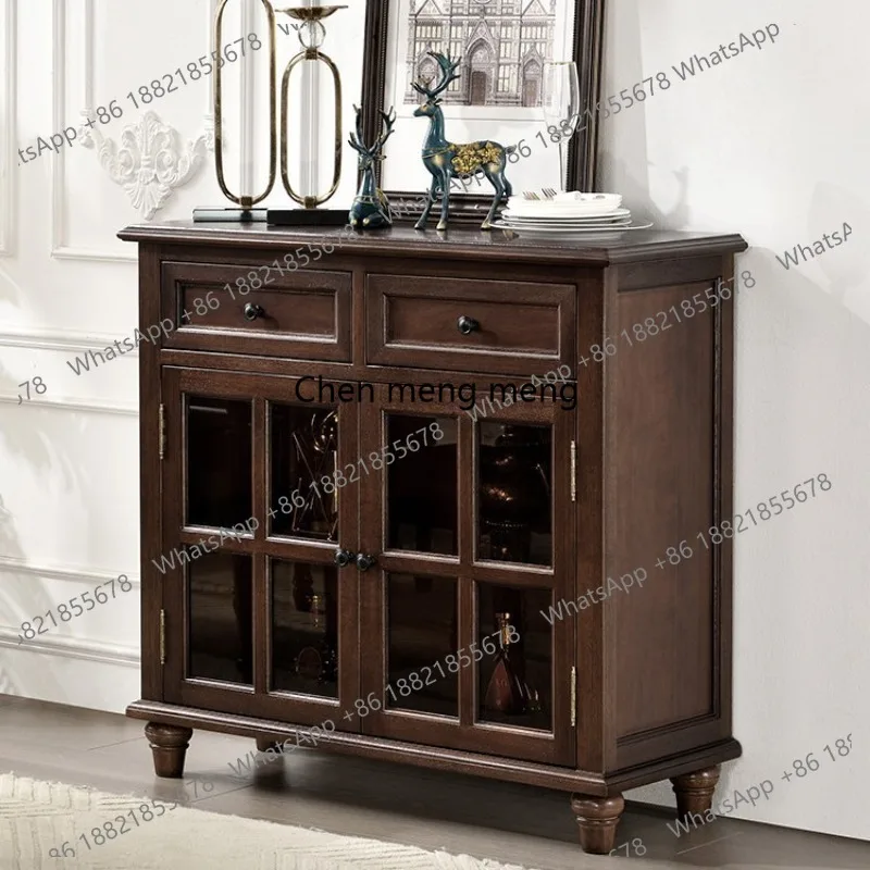 

American dining side high cabinet integrated against the wall All solid wood storage wine cabinet tea home storage