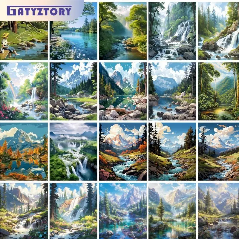 

GATYZTORY Painting By Number Forest Stream Scenery Drawing On Canvas HandPainted Tree Gift DIY Picture By Number Kits Home Deco