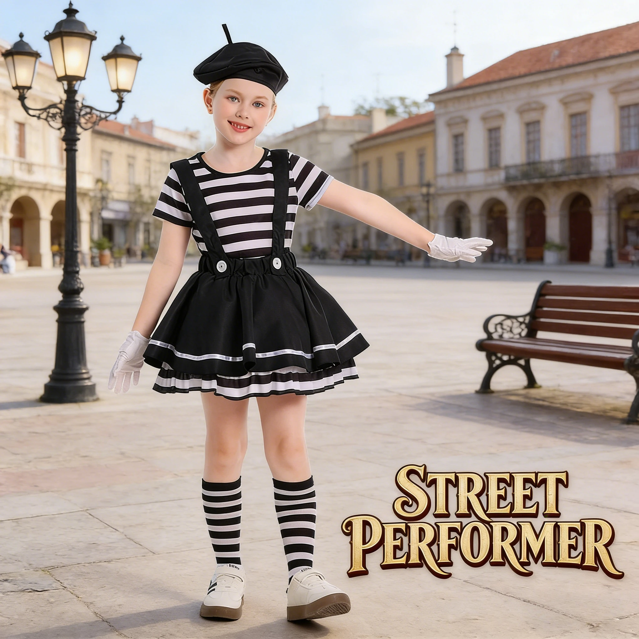 Kids Mime Clown Costume for Girls Funny Stage Performance Outfit for Shows Festivals