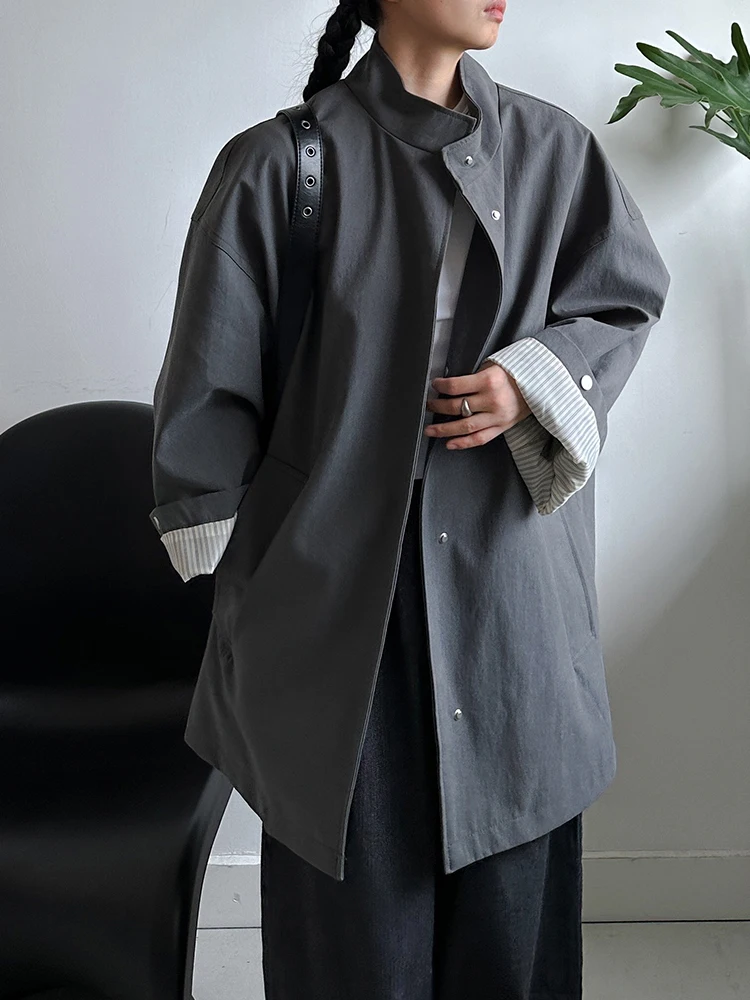 [EAM] Women Gray Big Size Elegant Trench New Stand Collar Long Sleeve Windbreaker Fashion Tide Spring Autumn 2024 1DH8160