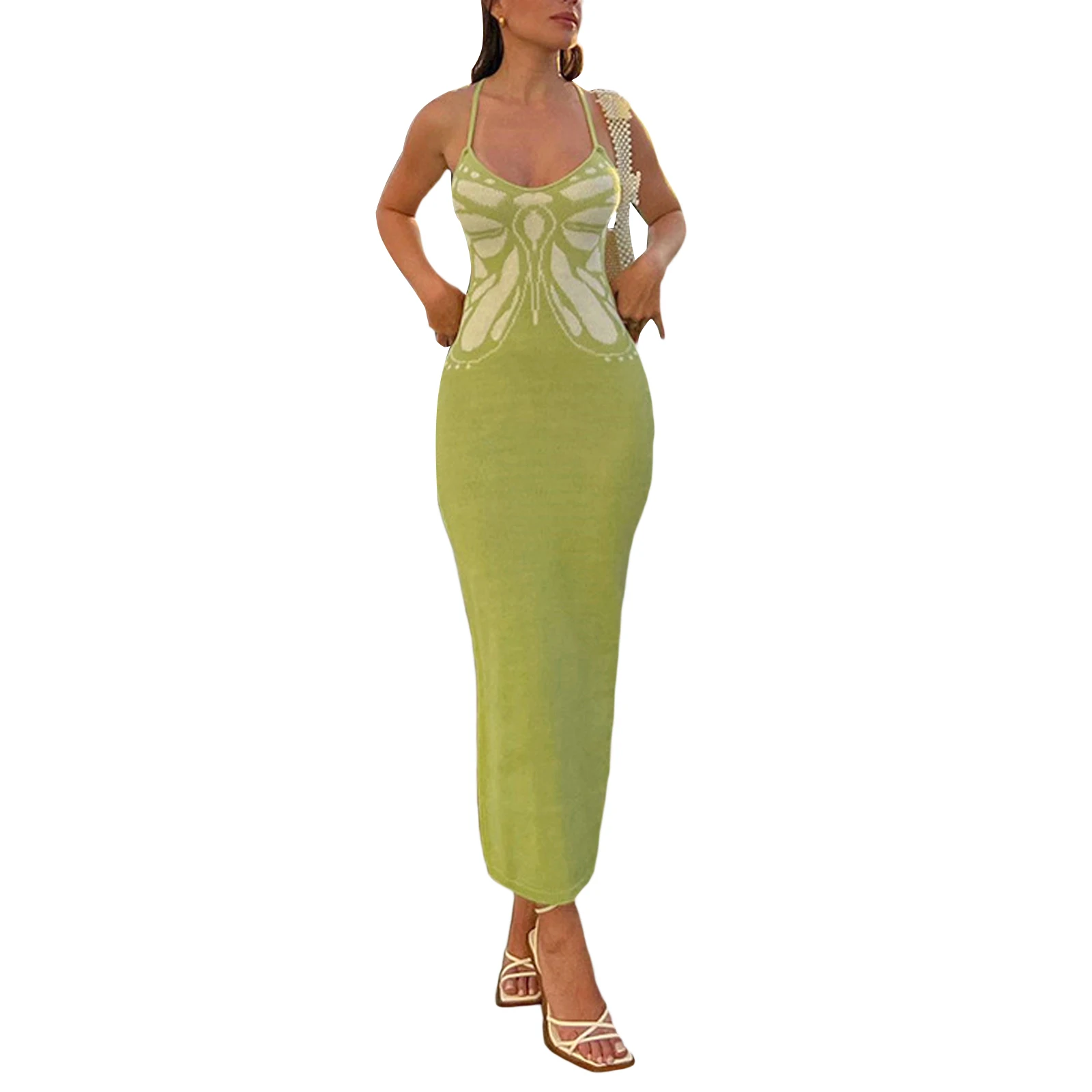 Women's Summer Long Sling Dress Green Knitted Sleeveless Halter Hanging Neck Pattern Print Dress