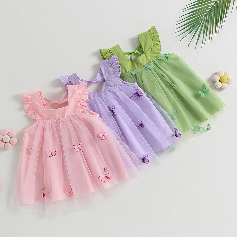 

Baby Girls Summer A-Line Princess Dress Fly Sleeve Floral Lace Bowknot Pageant 3D Butterfly Tutu Gown Tulle Dress Infant Outfit