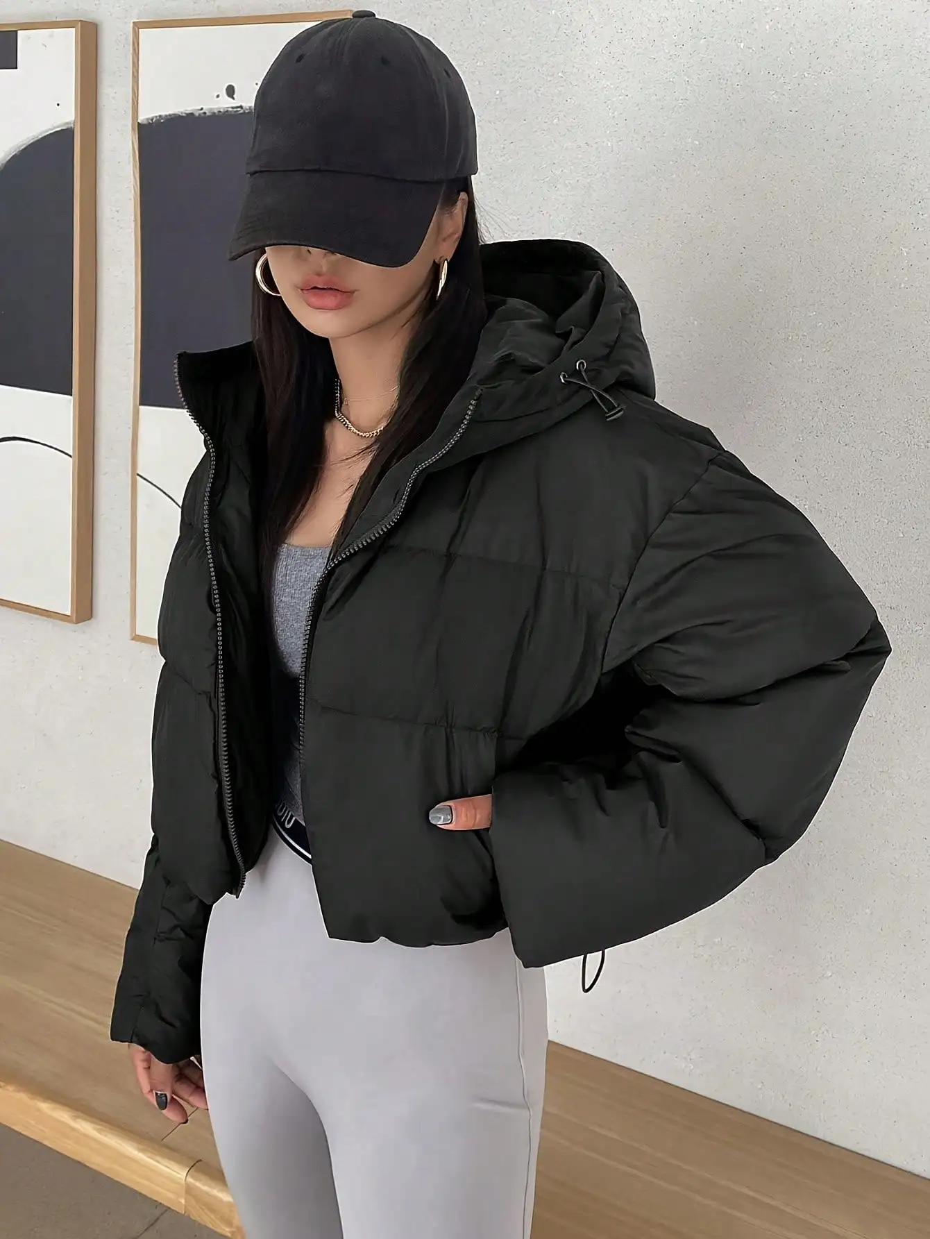 

Женская короткая куртка-пуховик с капюшоном, повседневная зимняя куртка на молнии для уличного стиля