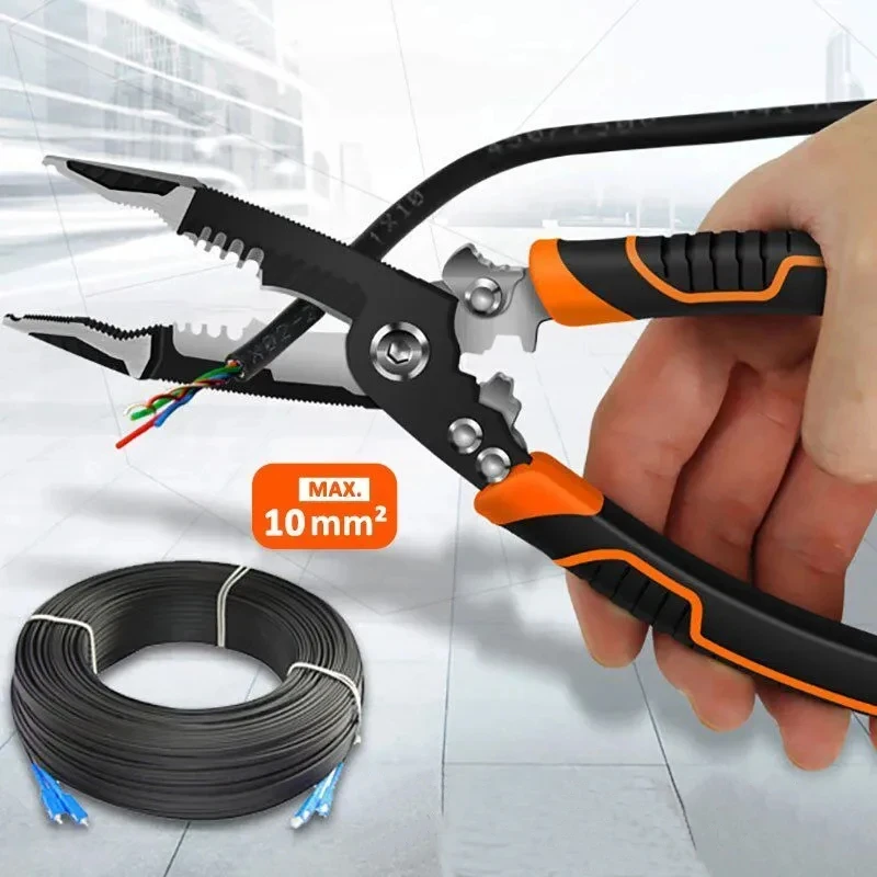 LiTuiLi Multifunction CR-V Long Nose Pliers Universal 6 in 1 Electrician Wire Stripper Cable Cutting Nippers Terminal Crimping