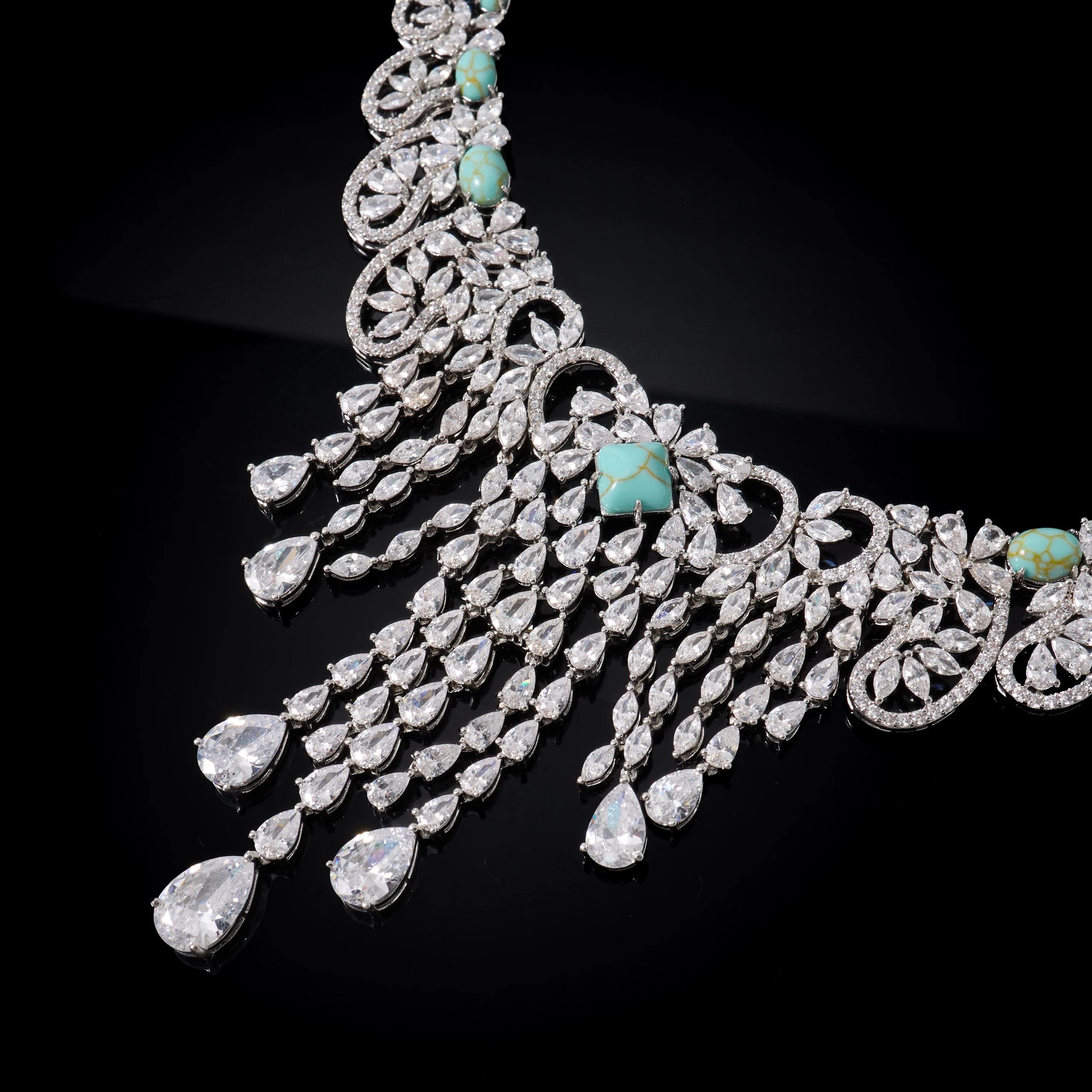 IN JEWELIFE 4Pcs Bridal Jewelry Set Turquoise & Cubic Zirconia Simulant Tassel Necklace Earrings Bracelet Ring - Elegant Stateme
