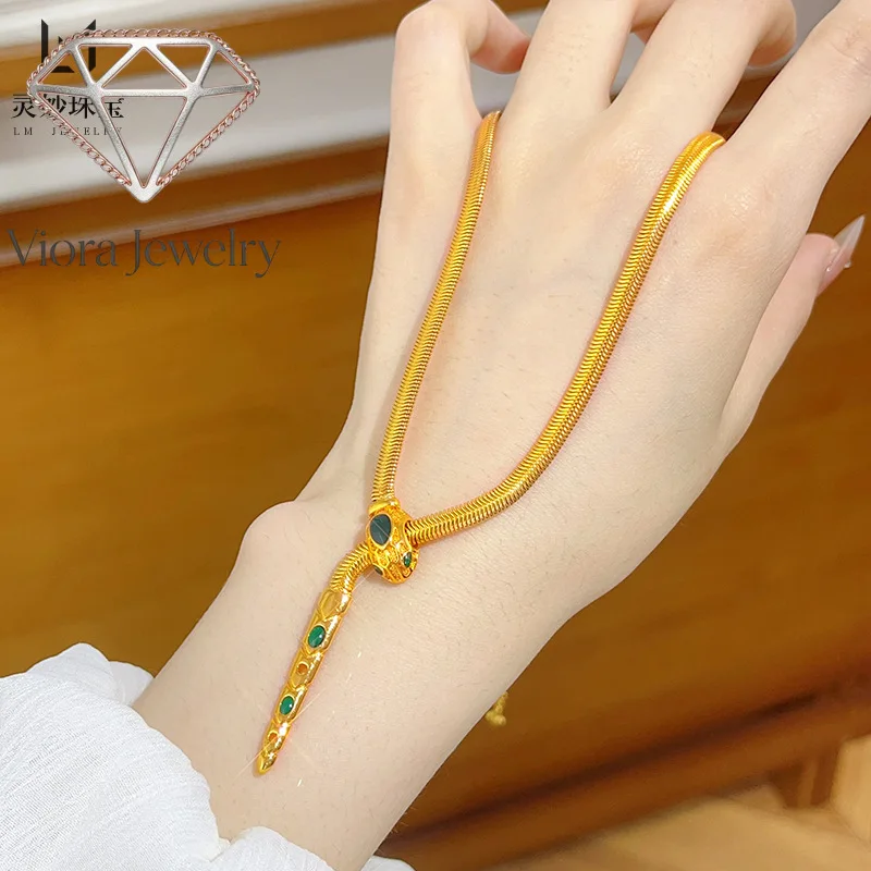 Viora Jewelry 24K real gold enamel color small green snake pendant necklace 9999 zodiac soft snake bone chain design sense gift