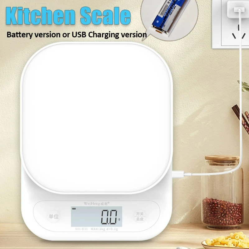 WH-B31 Kitchen Scale LCD Display USB Charging/Battery High Precision Kitchen Electronic Scale Tea Scale Weighing Baking Tools