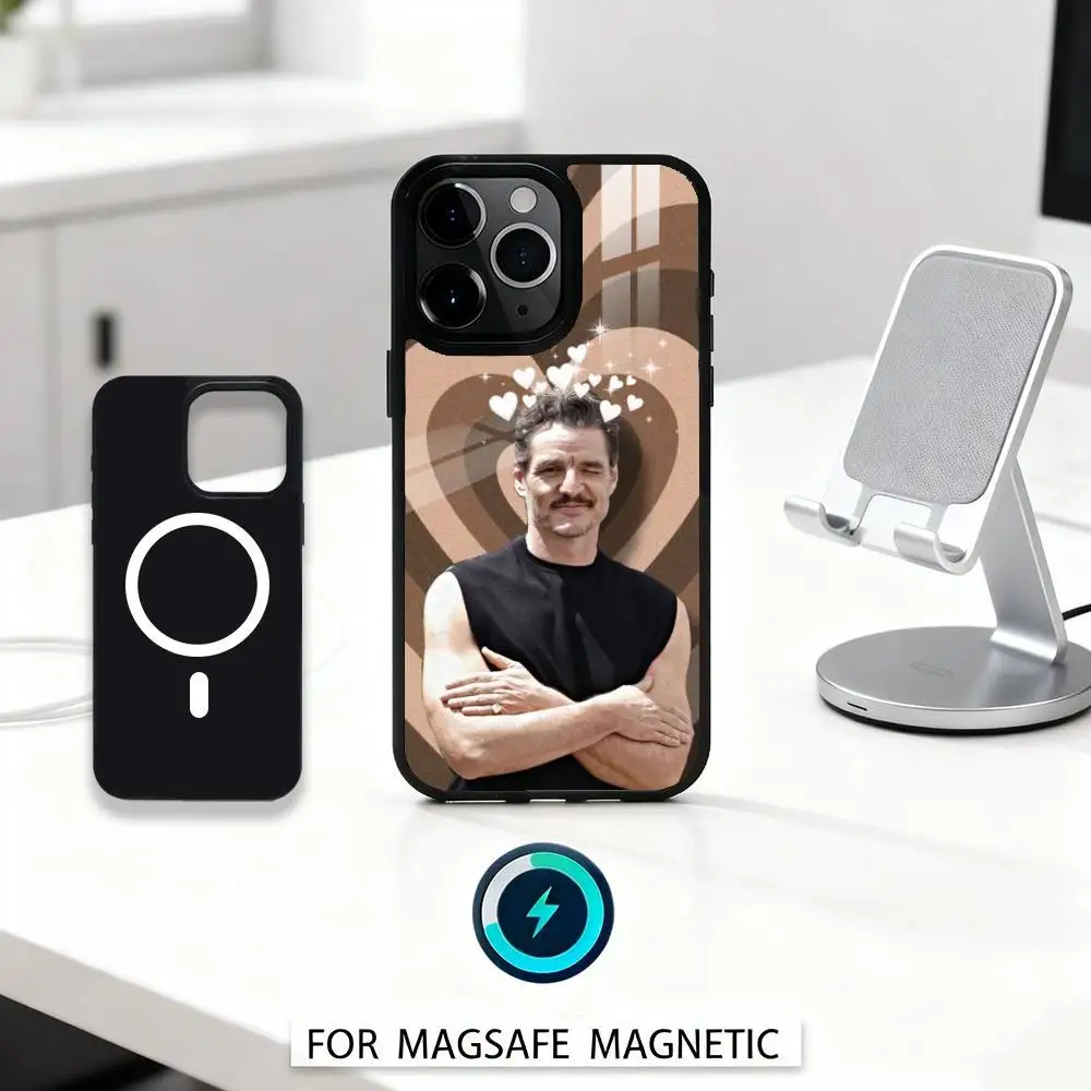 Pedro Pascal con sfondo H-heart Custodia per telefono per iPhone 16,15,14,13,12,Pro,Max, magnetica per ricarica wireless Magsafe