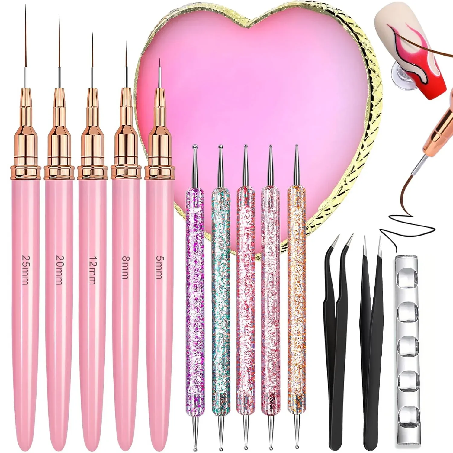 14Pcs Nail Art Kit – Liner Pens, Dotting Tools, Palette, Tweezers, Stand – DIY Essential – Nail Artist Recommended