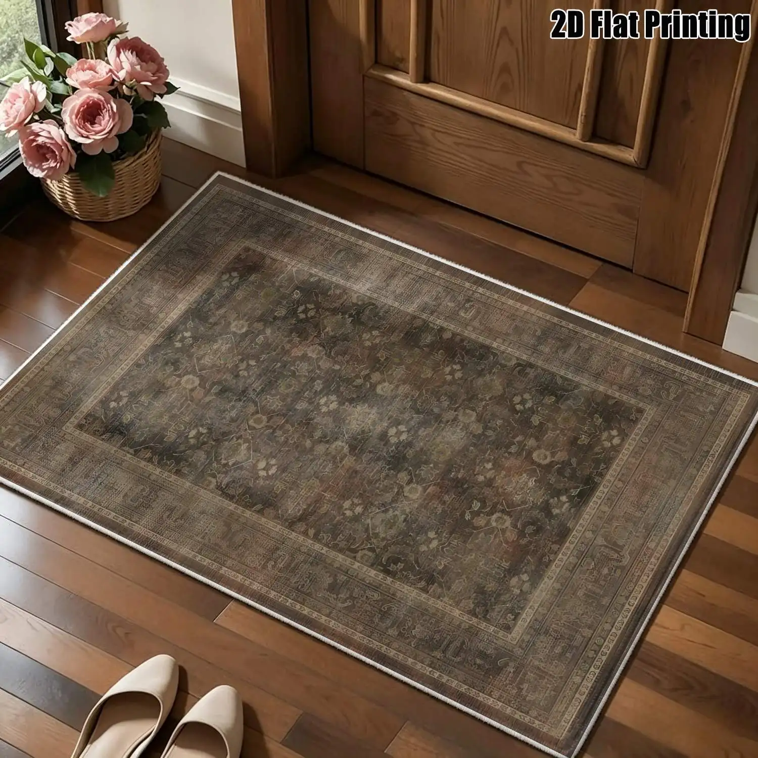 1Pc 2D Printed Retro Coffee Geometric Floral Velvet Carpet, Suitable for Home Decor, Multiple Sizes, Machine Washable, Multi-Scene Use