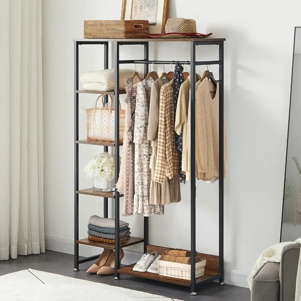 Open Garment Clothing Rack, Free-Standing Heavy Duty Storage Closet with 5 Shelves and Hanging Rod for Small Spaces