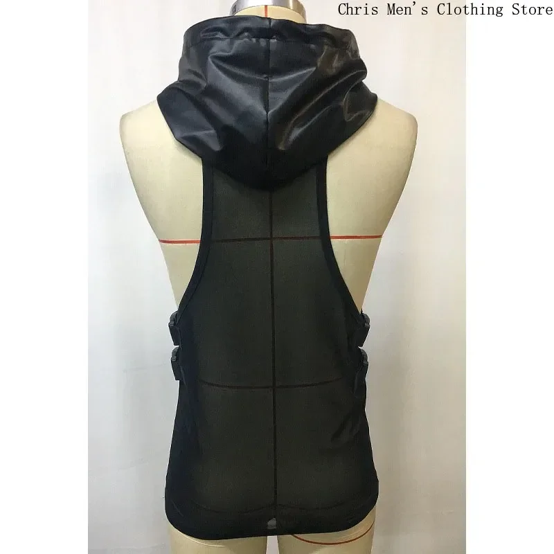 Motorcycle Leather Vest Top Men\'s Leather Stitching Net Shirt Sexy See-through Hooded Vest Muscular Men Fitness Vest Tank Top Me