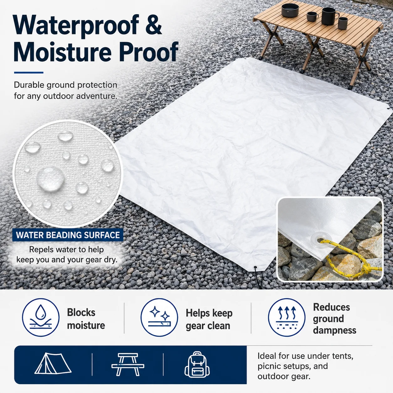 1056D Tyvek Camping Ground Sheet 55g/㎡ Ultralight Waterproof Tent Footprint Tear Resistant Foldable Picnic Mat with Guy Lines