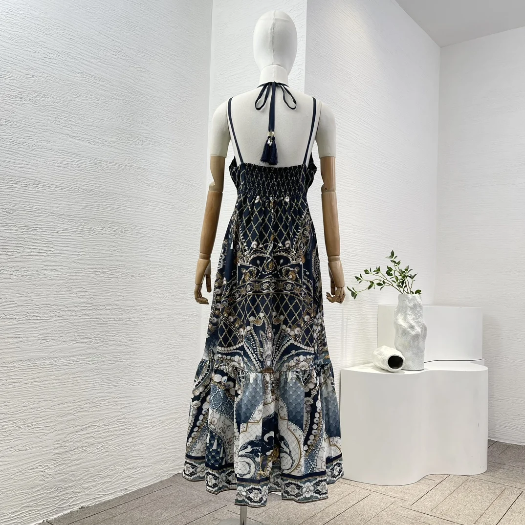 High Quality Silk Black Plaid Floral Print Sleeveless Sling Backless Diamonds Halter Deep V Neck Midi Dress