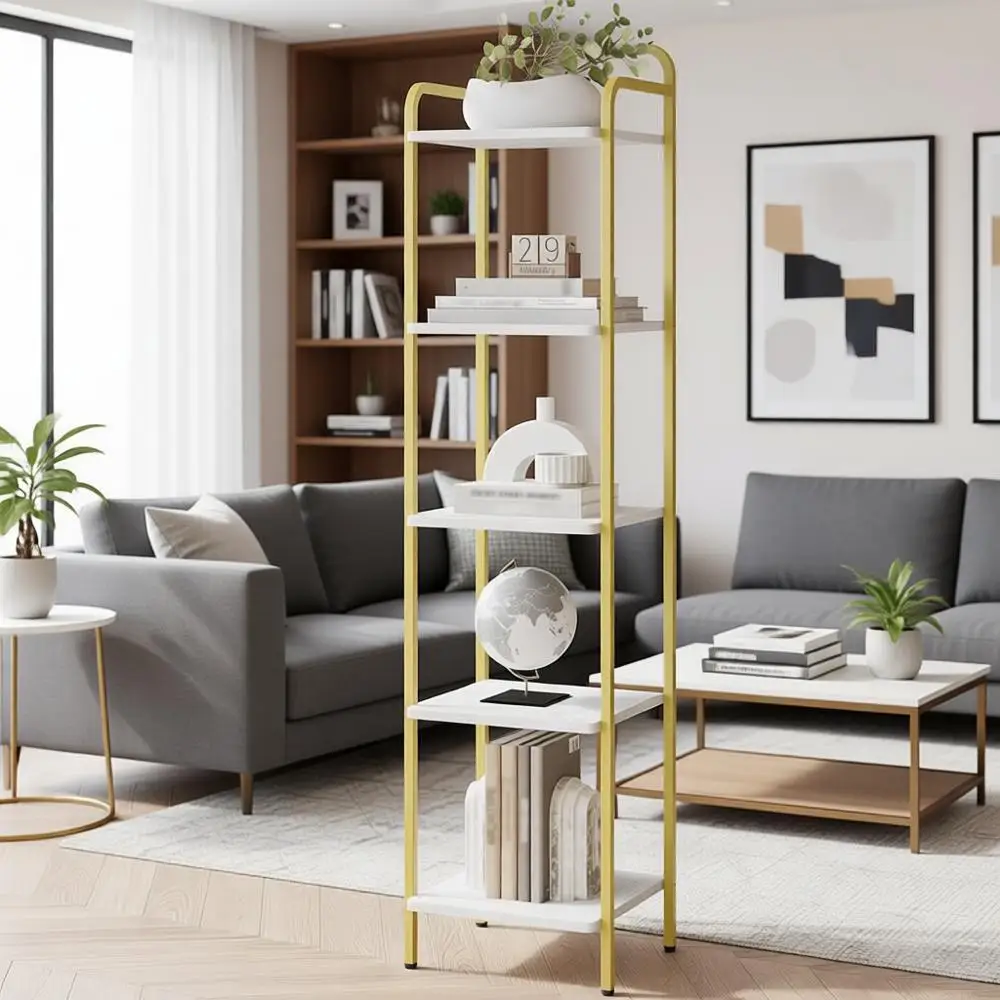 

5-Tier White and Gold Slim Bookshelf - Industrial Style Storage Organizer for Home Office, Living Room, and Kitchen